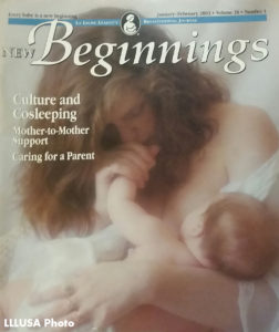 Cover of the Jan/Feb 2001 New Beginnings Magazine featuring the author breastfeeding her son
