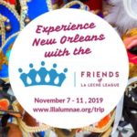 Mardi Gras masks in the background with "Experience New Orleans with the Friends of La Leche League November 7-11, 2019 www.lllalumnae.org/trip" in the center with a five-pointed crown