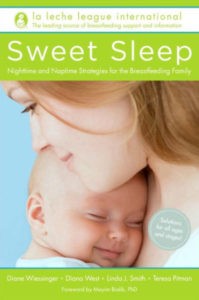 Baby resting head against mother's chest and profile of mother's head resting on baby's forehead, both smiling, with the text: La Leche League International and names of authors