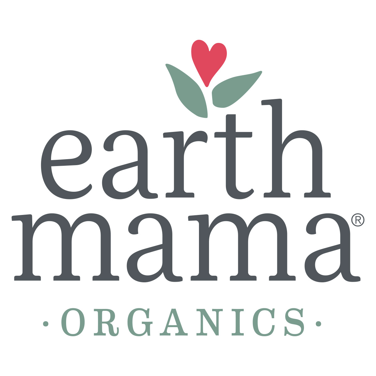 heart shaped flower with two leaves, text: earth mama organics