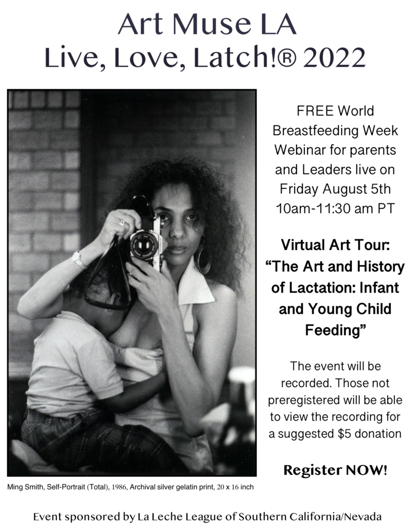 Black and white photograph of feminine person breastfeeding while taking a selfie in a mirror with the words Art Muse Live Love Latch 2022 Event sponsored by LLL SCANV