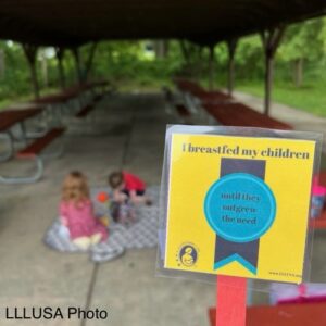 Photo showing lll image with ‘I breastfed my children till they outgrew the need’ paddle with kids playing outside in the background 